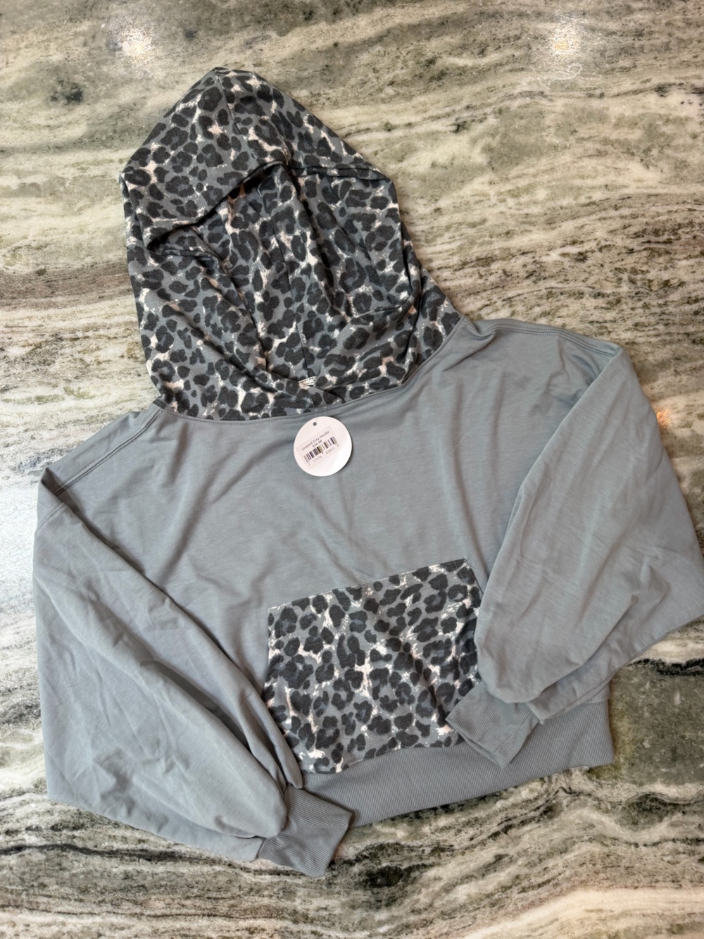 NWT Zenana Outfitters Gray Hoodie with Leopard Print Hood & Pocket